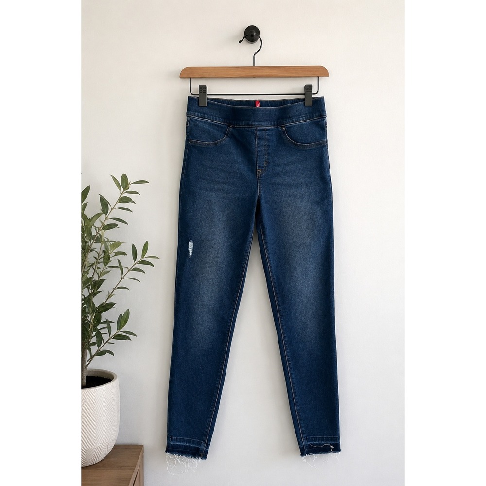 SPANX Distressed Ankle Skinny Jeans M Medium Wash Pull On Raw Frayed Hem Stretch